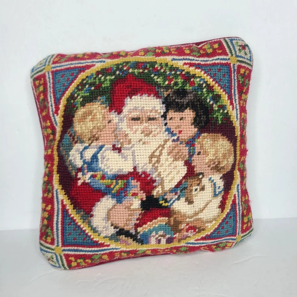 Vintage Christmas Needlepoint Santa and Children Small‎ Accent Pillow